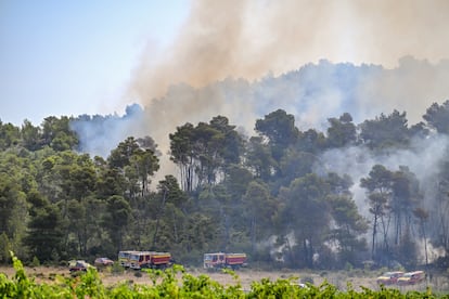 Une équipe d'incendie travaille pour éteindre l'incendie de la forêt à Saint-Laurent-de-la-Cabrerisse, France, ce jeudi.