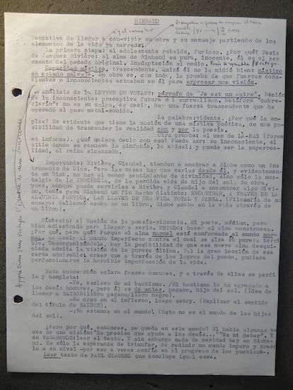 Julio Cortázar note sur Rimbaud, avec des annotations de poing.